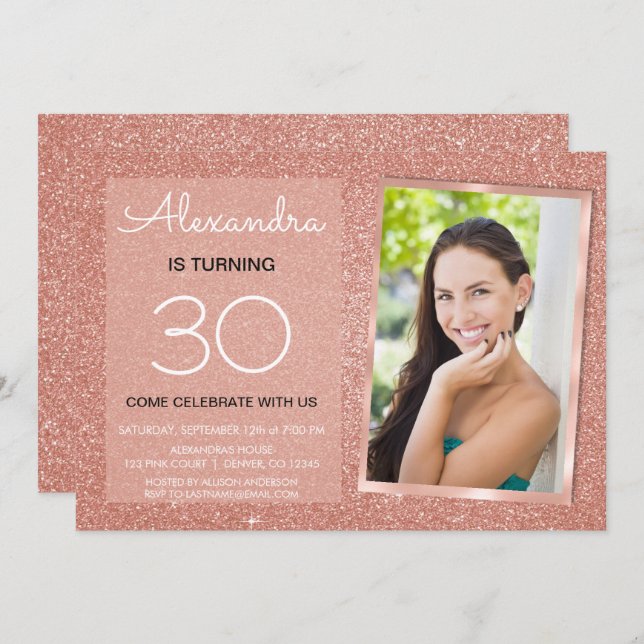 30th Sparkle Rose Gold Blush Pink Photo Invitation (Front/Back)