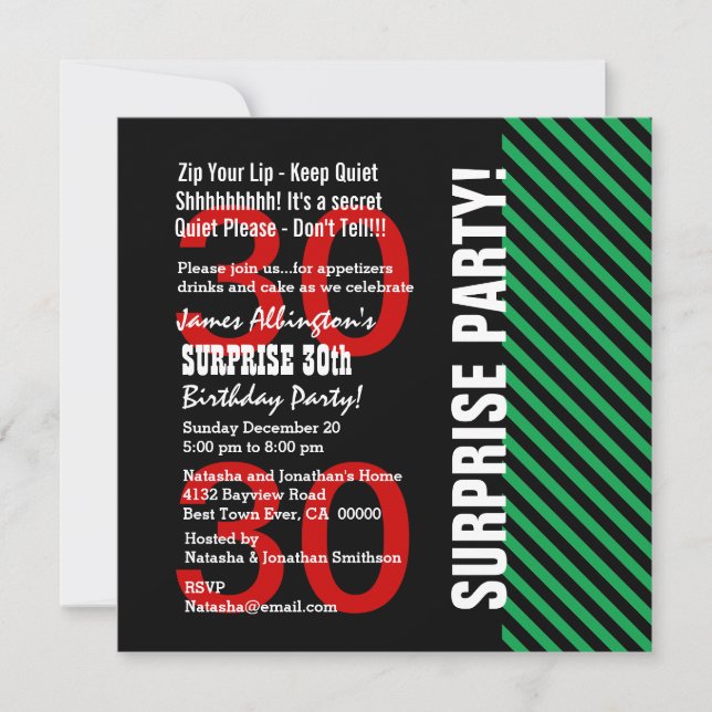 30th Surprise Birthday Black Red Green Stripes V02 Invitation (Front)