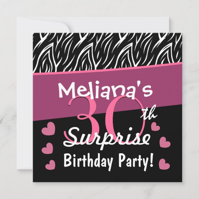 30th Surprise Birthday Black White Pink Zebra B02 Invitation (Front)