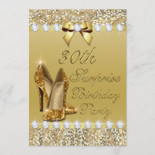 30th Surprise Birthday Gold Heels Sequins Diamonds Invitation