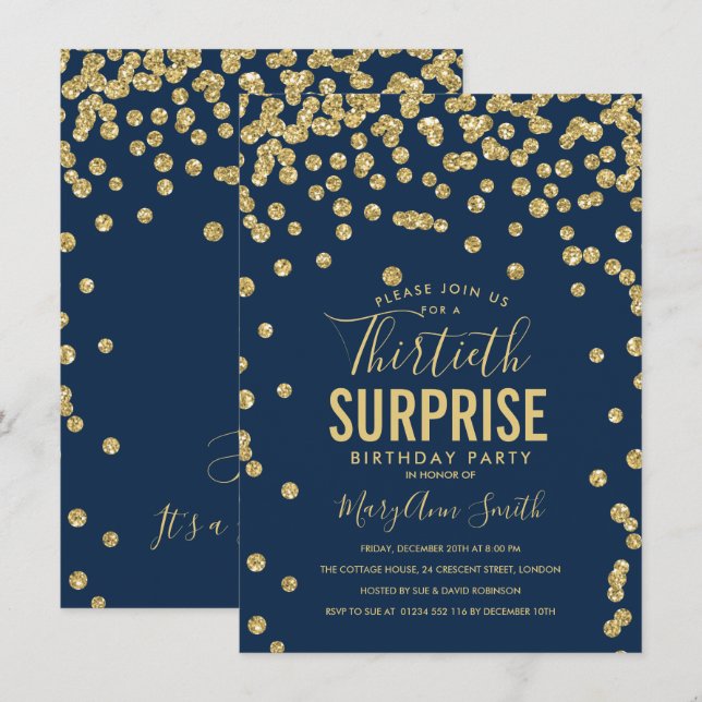 30th Surprise Birthday Gold Navy Blue Invitation (Front/Back)