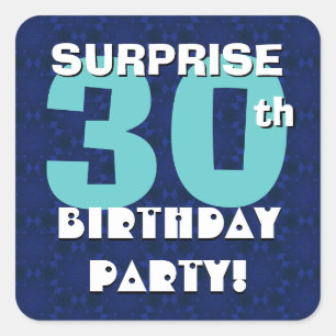30th SURPRISE Birthday Party Royal Blue and Aqua Square Sticker