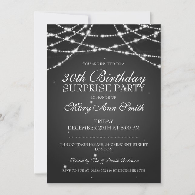 30th Surprise Birthday Party String Stars Black Invitation (Front)