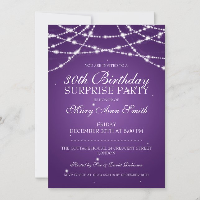 30th Surprise Birthday Party String Stars Purple Invitation (Front)
