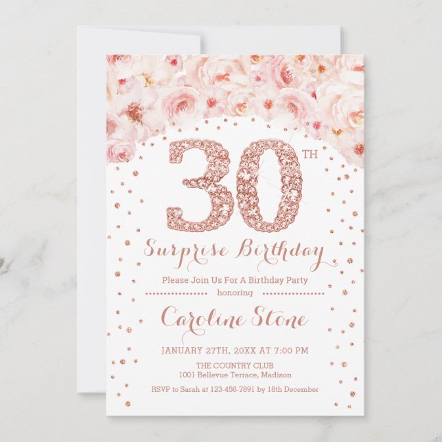 30th Surprise Birthday Party - White Rose Gold Invitation (Front)