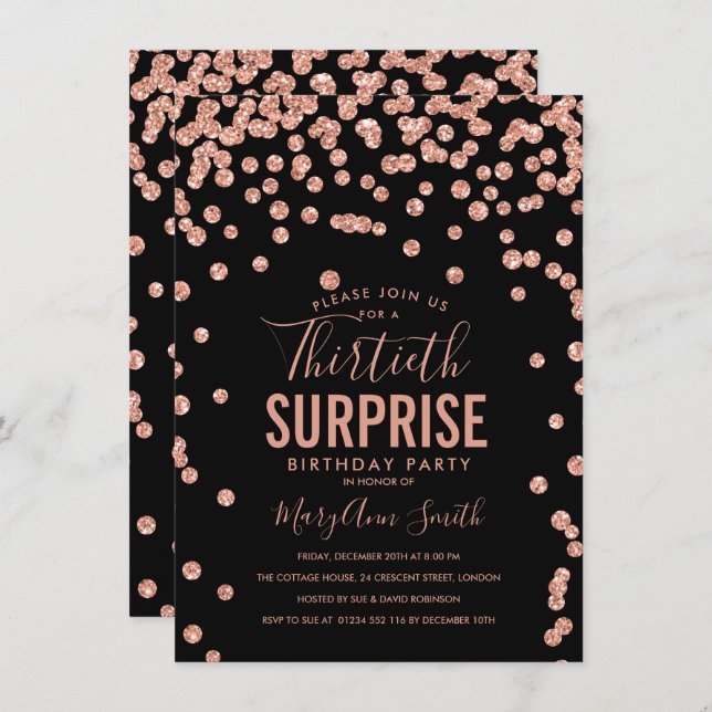 30th Surprise Birthday Rose Gold Black Invitation (Front/Back)
