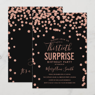 30th Surprise Birthday Rose Gold Black Invitation
