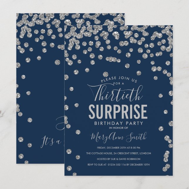30th Surprise Birthday Silver Navy Blue Invitation (Front/Back)