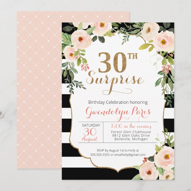 30th Surprise Black White Stripe Floral Birthday Invitation (Front/Back)