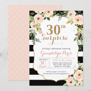 30th Surprise Black White Stripe Floral Birthday Invitation