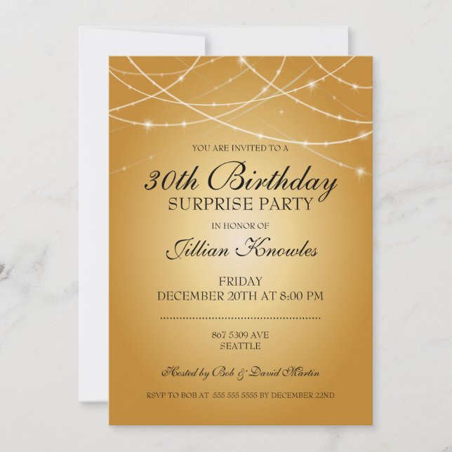 30th Surprise Party Brass String Lights Invitation (Front)
