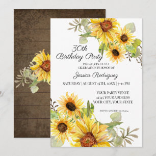 30th Thirtieth Birthday Rustic Sunflower Floral Invitation