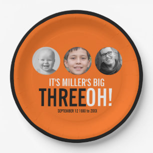 30th Three OH! photo birthday orange and black Paper Plate