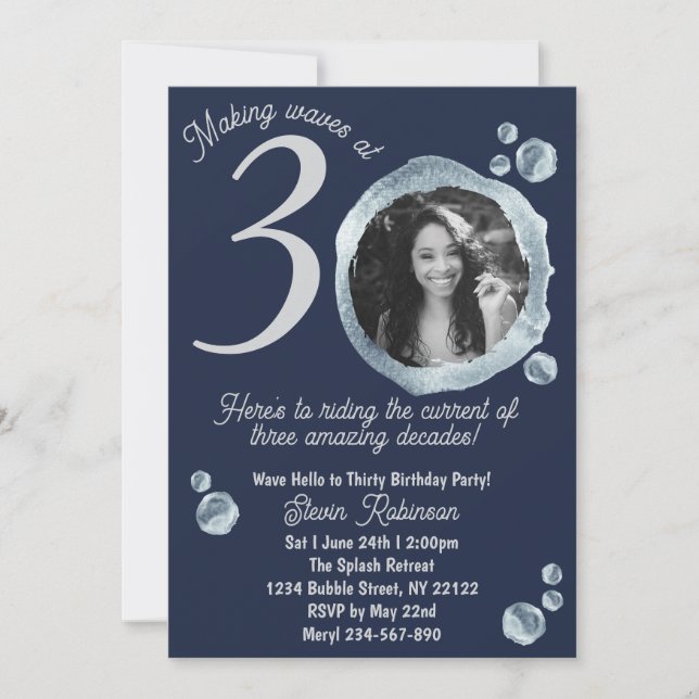 30th Twilight Blue Bubbles Birthday Party Photo Invitation (Front)