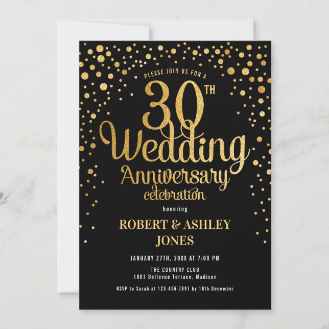30th Wedding Anniversary - Black & Gold Invitation (Front)