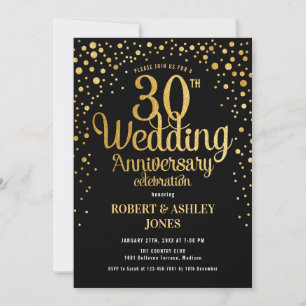 30th Wedding Anniversary - Black & Gold Invitation
