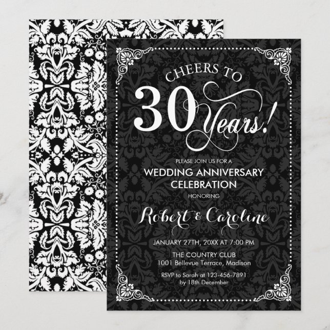 30th Wedding Anniversary - Black White Damask Invitation (Front/Back)