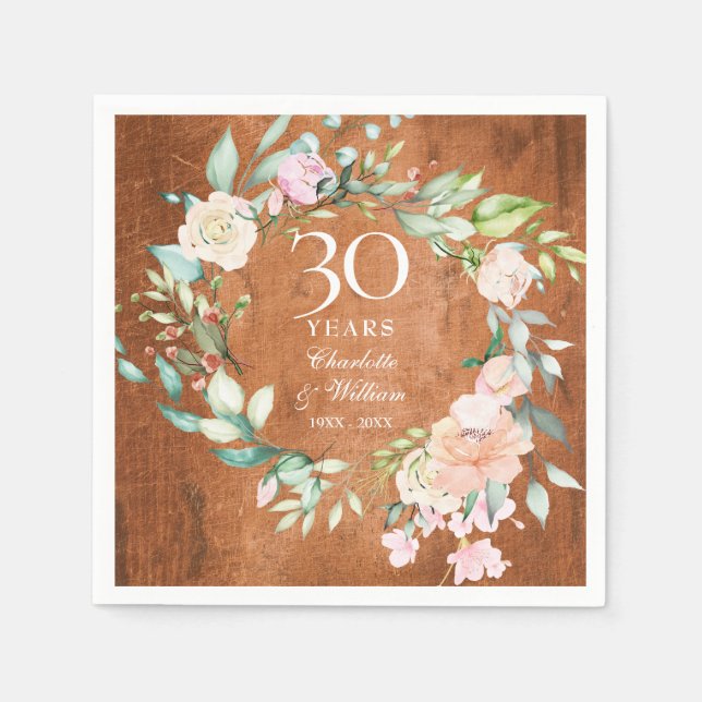 30th Wedding Anniversary Boho Rustic Wood Floral Napkin (Front)