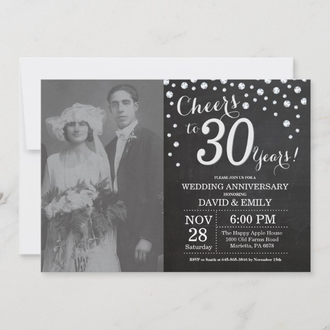 30th Wedding Anniversary Chalkboard Black Silver Invitation (Front)