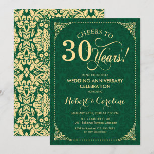 30th Wedding Anniversary Emerald Green Gold Damask Invitation