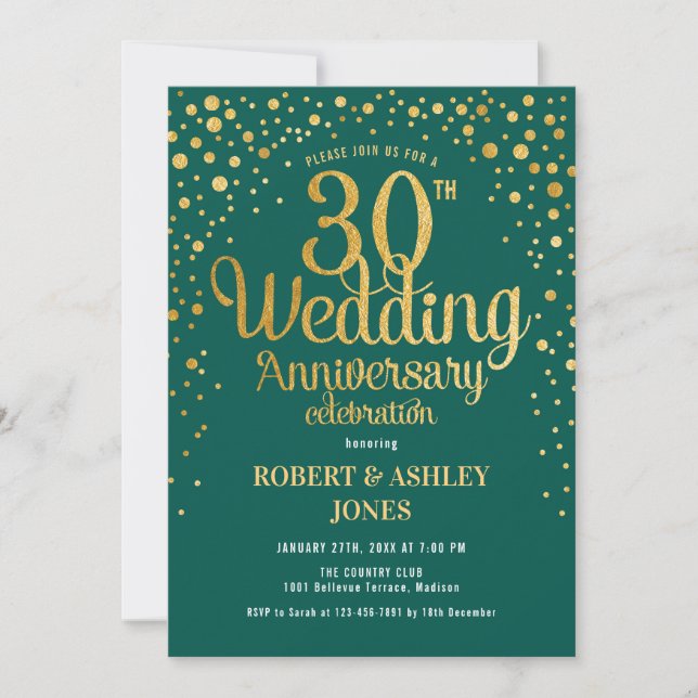 30th Wedding Anniversary - Emerald Green & Gold Invitation (Front)