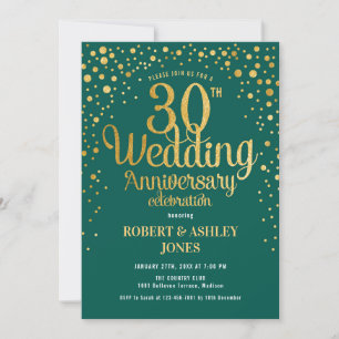 30th Wedding Anniversary - Emerald Green & Gold Invitation