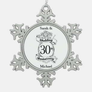 30th Wedding Anniversary Flowers Rose Romantic Snowflake Pewter Christmas Ornament