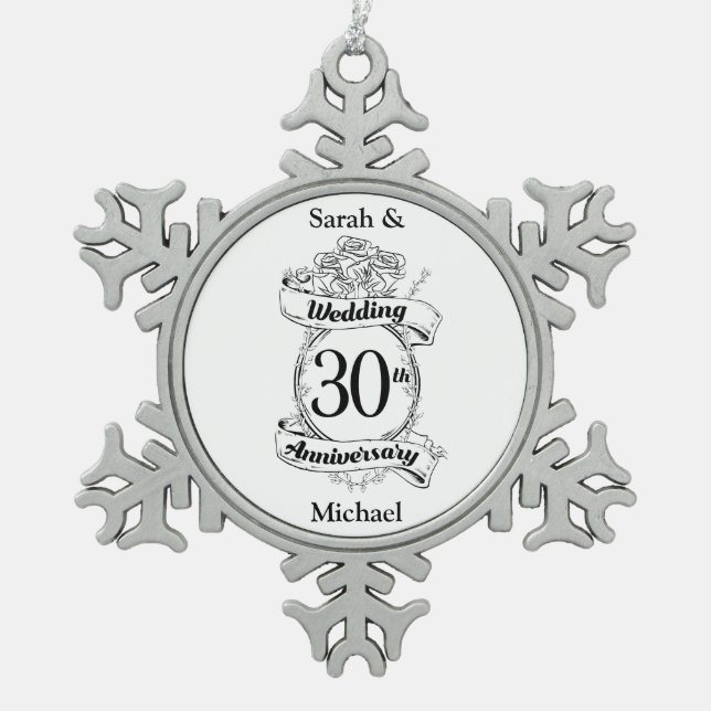 30th Wedding Anniversary Flowers Rose Romantic Snowflake Pewter Christmas Ornament (Front)