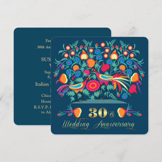 30th Wedding Anniversary Folk Art Invitation (Front/Back)