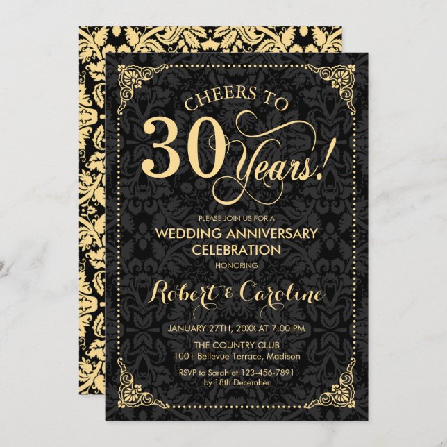 30th Wedding Anniversary - Gold Black Damask Invitation (Front/Back)