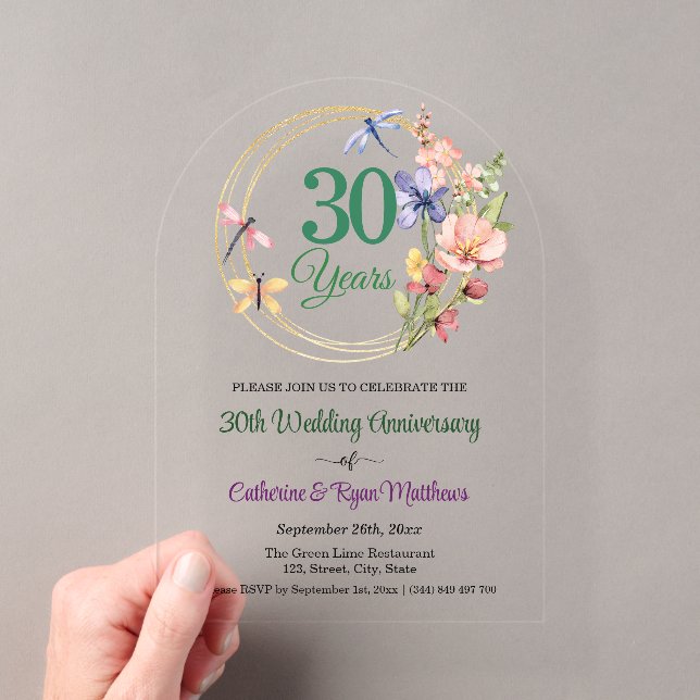 30th Wedding Anniversary Gold Frame Floral Acrylic Invitations (Insitu (Handheld))