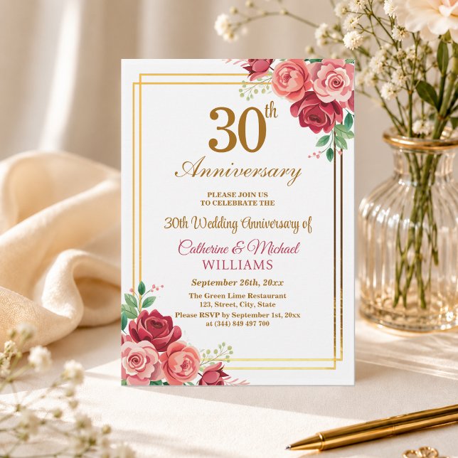 30th Wedding Anniversary Gold Frame Floral Invitation (Creator Uploaded)