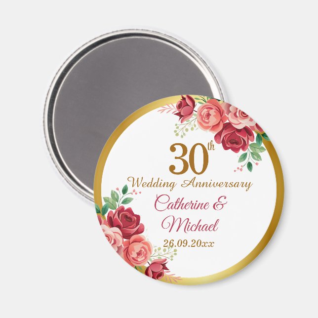 30th Wedding Anniversary Gold Frame Floral Magnet (Front/Back)