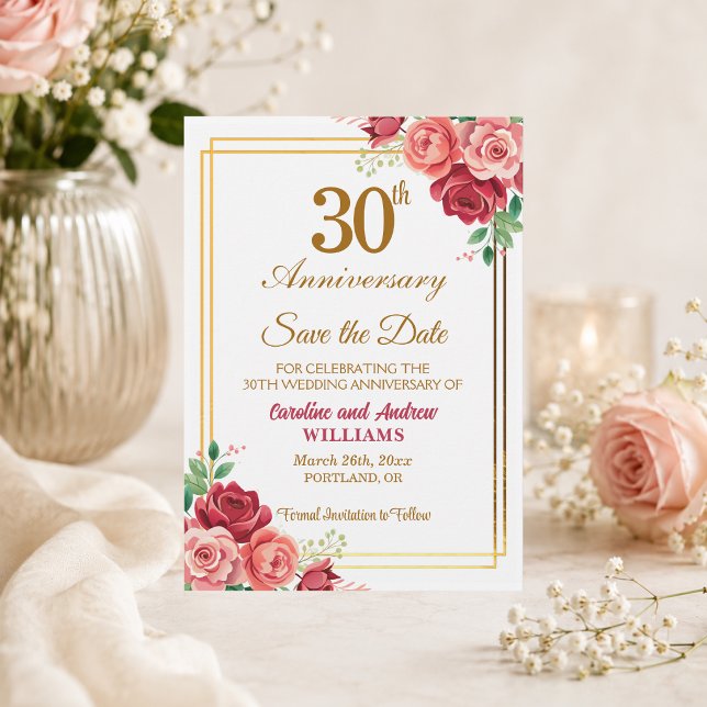 30th Wedding Anniversary Gold Frame Floral  Save The Date (Creator Uploaded)