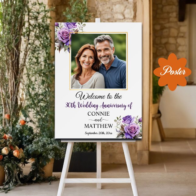 30th Wedding Anniversary Gold Frame Purple Roses Poster (Creator Uploaded)