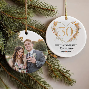 30th Wedding Anniversary Gold Hearts Couple Photo  Ornament