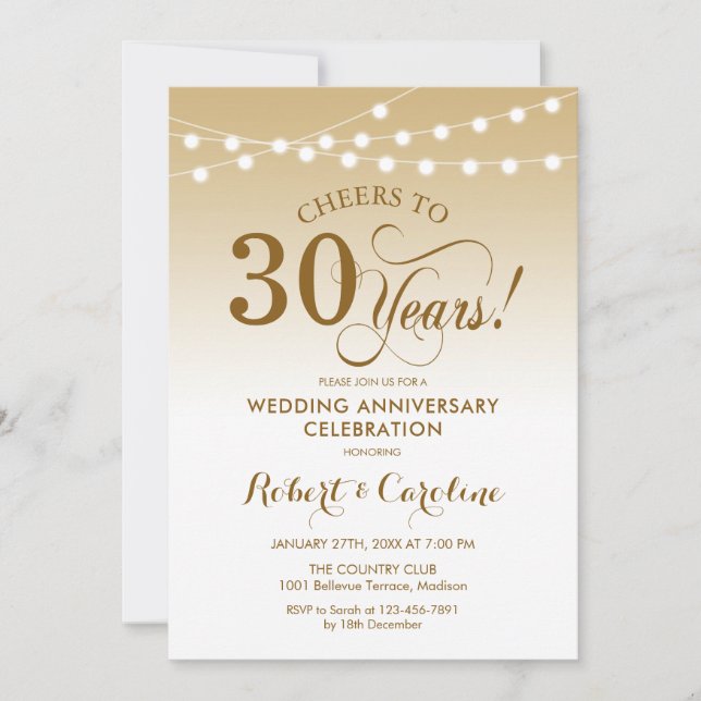 30th Wedding Anniversary - Gold White Invitation (Front)