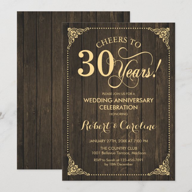 30th Wedding Anniversary - Gold Wood Invitation (Front/Back)