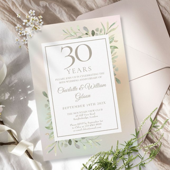 30th Wedding Anniversary Greenery Floral Pearl Invitation (30th Wedding Anniversary Greenery Floral Pearl Invitation)