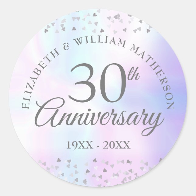 30th Wedding Anniversary Hearts Confetti Pearl Classic Round Sticker (Front)