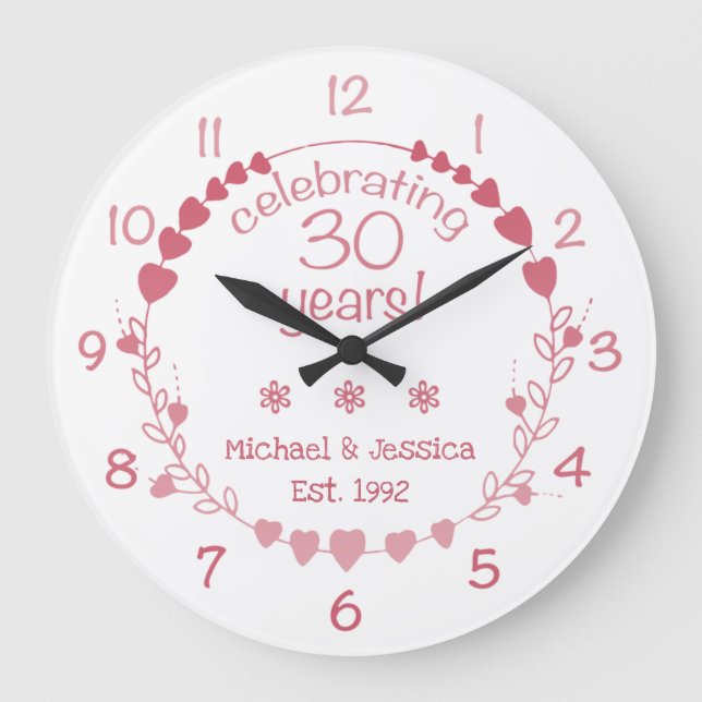 30th Wedding Anniversary Hearts Large Clock (Front)