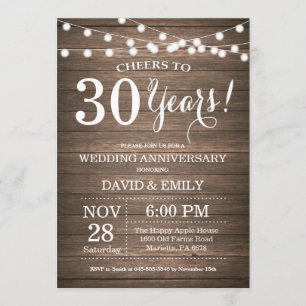 30th Wedding Anniversary Invitation Rustic Wood