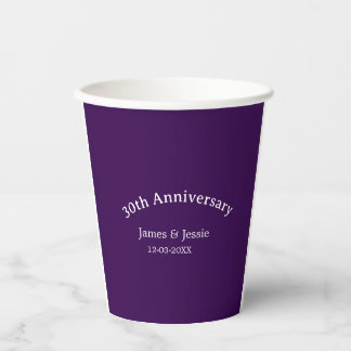 30th wedding anniversary name date purple simple  paper cups