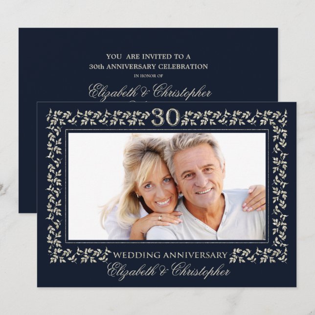 30th Wedding Anniversary Navy Blue Silver Photo Invitation (Front/Back)