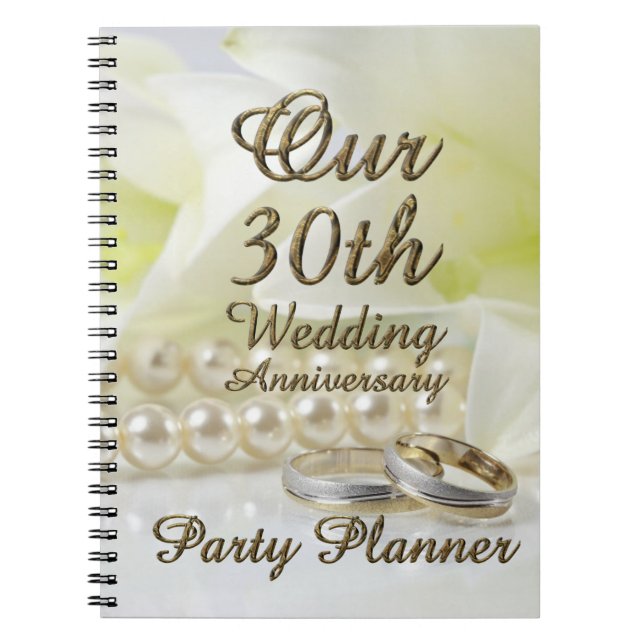 30th Wedding Anniversary Party Planner Gold Pearls Notebook (Front)