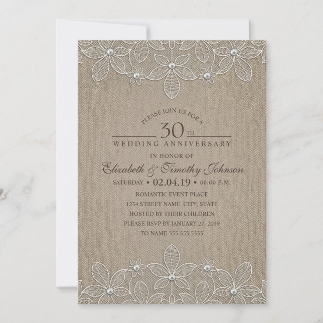 30th Wedding Anniversary Party Rustic Pearl Lace Invitation (Front)