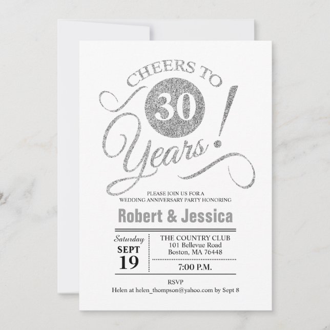30th Wedding Anniversary Party - Silver White Invitation (Front)