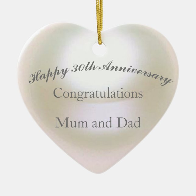 30th Wedding Anniversary Pearl Heart Ceramic Tree Decoration (Front)