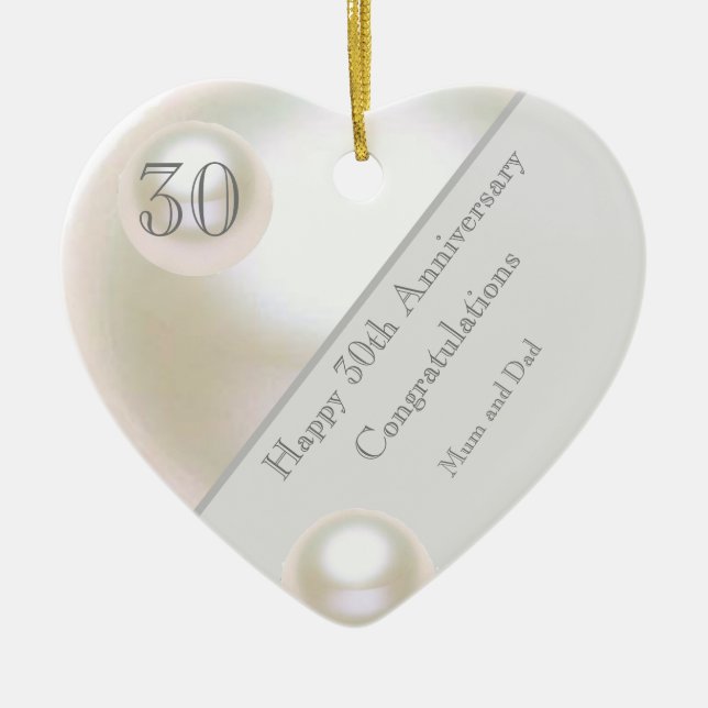30th Wedding Anniversary Pearl Heart Ceramic Tree Decoration (Front)