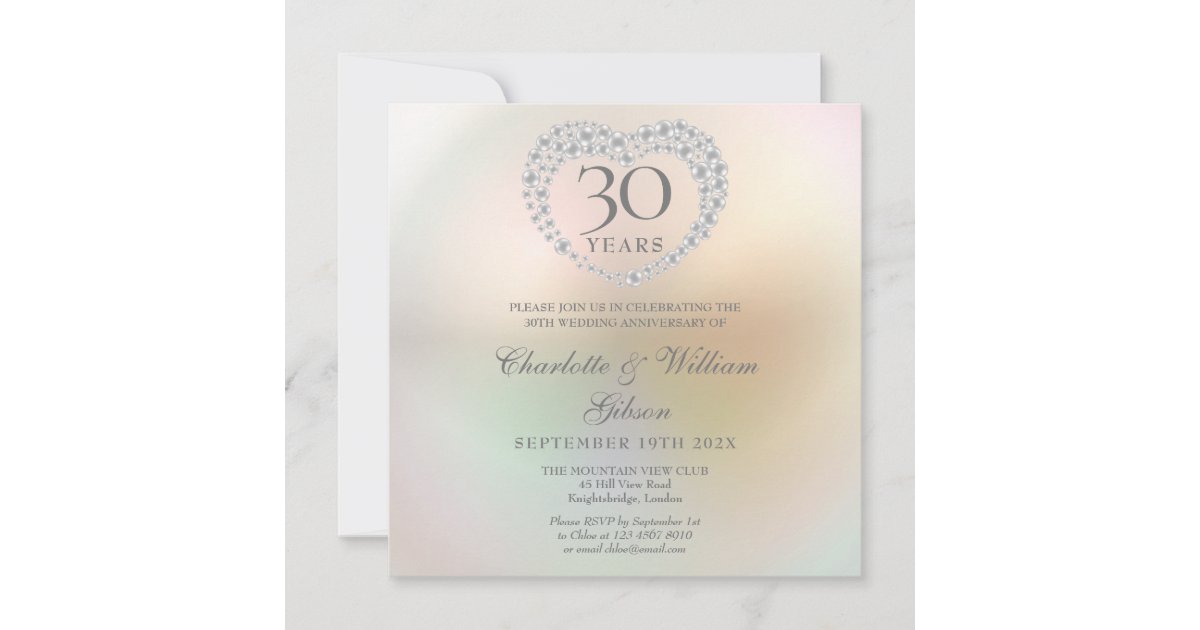30th Wedding Anniversary Pearl Heart Square Invitation | Zazzle
